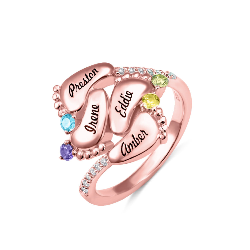 Engraved Baby Feet Ring with Birthstone - 4 Baby Feet