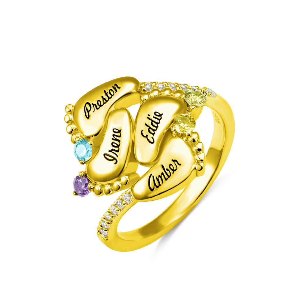 Engraved Baby Feet Ring with Birthstone - 4 Baby Feet