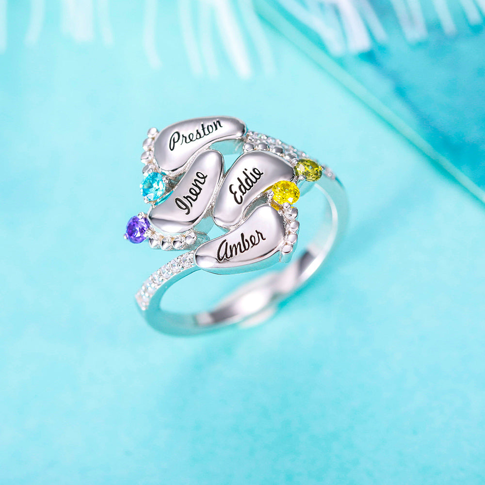 Engraved Baby Feet Ring with Birthstone - 4 Baby Feet