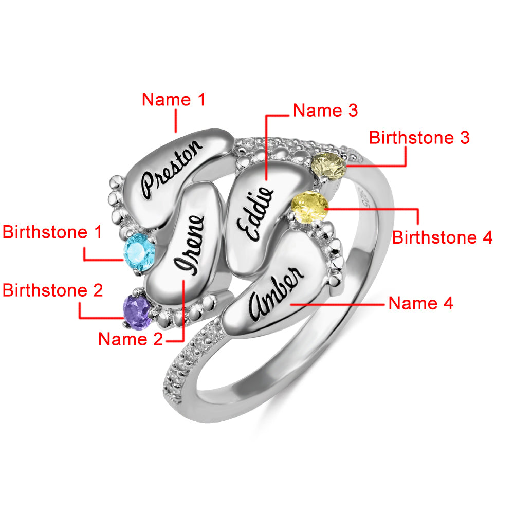 Engraved Baby Feet Ring with Birthstone - 4 Baby Feet