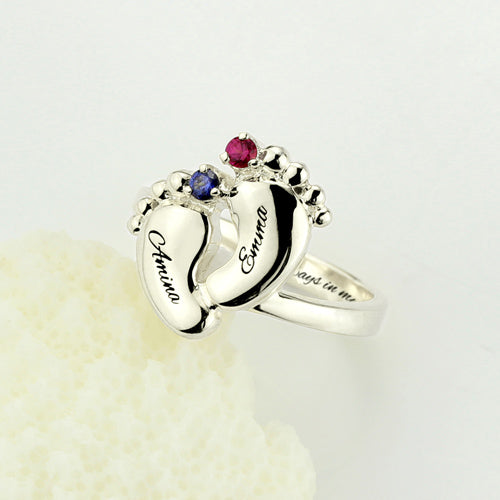 Engraved 2 Baby Feet Ring With Birthstone