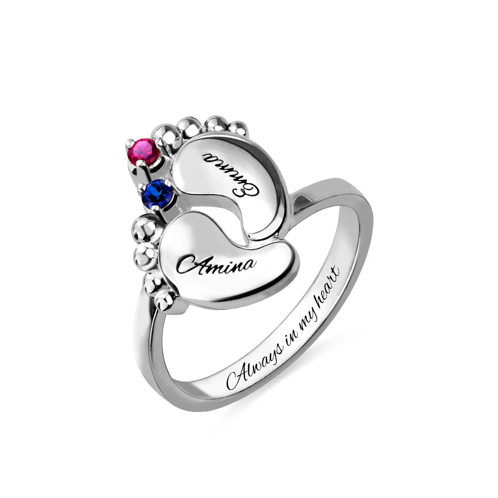 Engraved 2 Baby Feet Ring With Birthstone