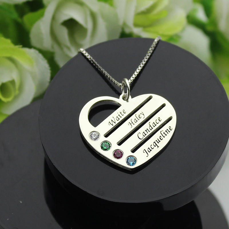 Personalized Mother's Heart Necklace with 4 Birthstones & Names