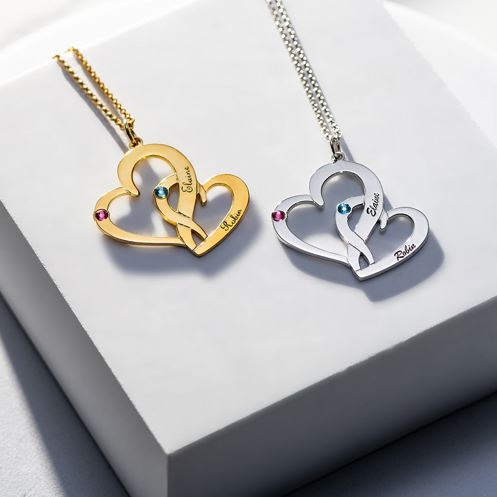 Interlocking Two-Heart Necklace with Names & Birthstones