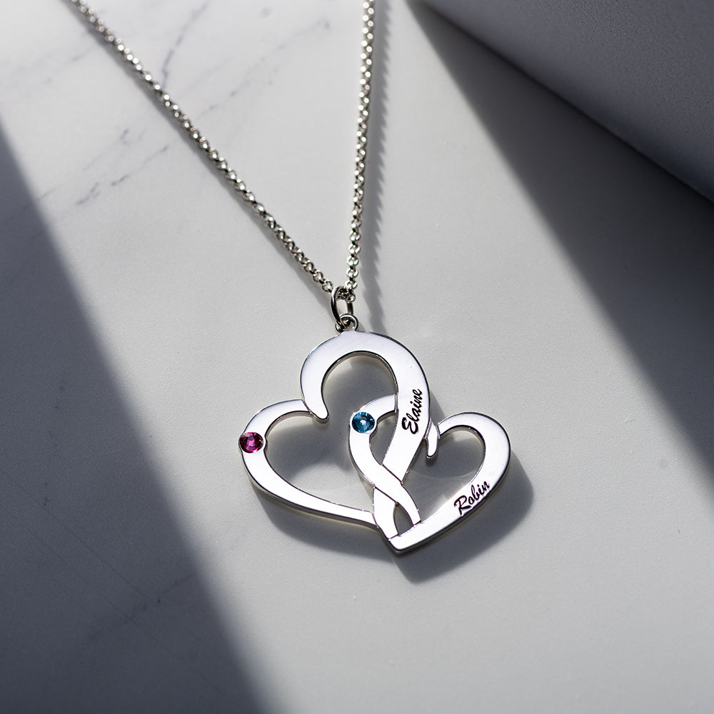 Interlocking Two-Heart Necklace with Names & Birthstones