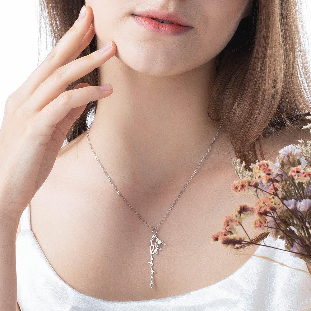Dainty Floral Name Necklace with Birth Flower Sterling Silver 925