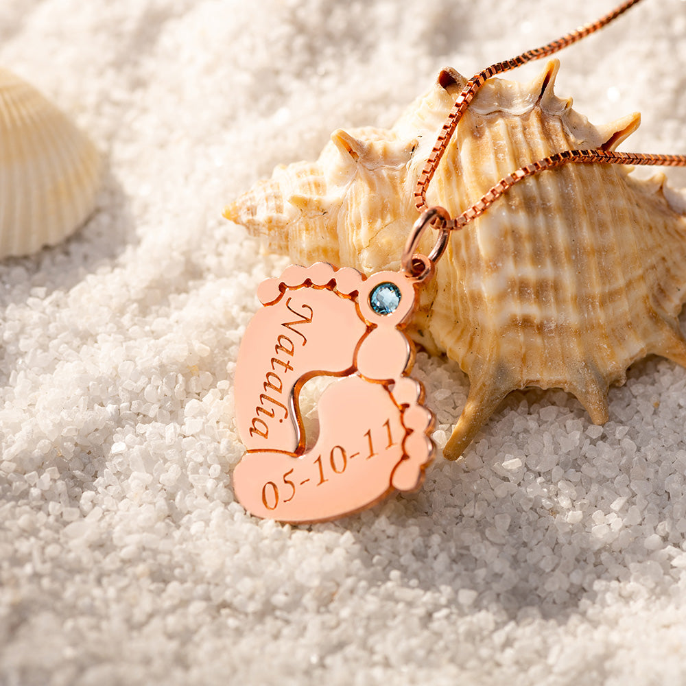 Silver Engraved Baby Feet Necklace with Personalized Birthstone