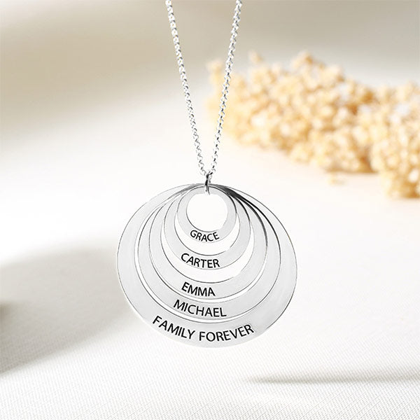 Engraved Family Stacked Circle Necklace Sterling Silver
