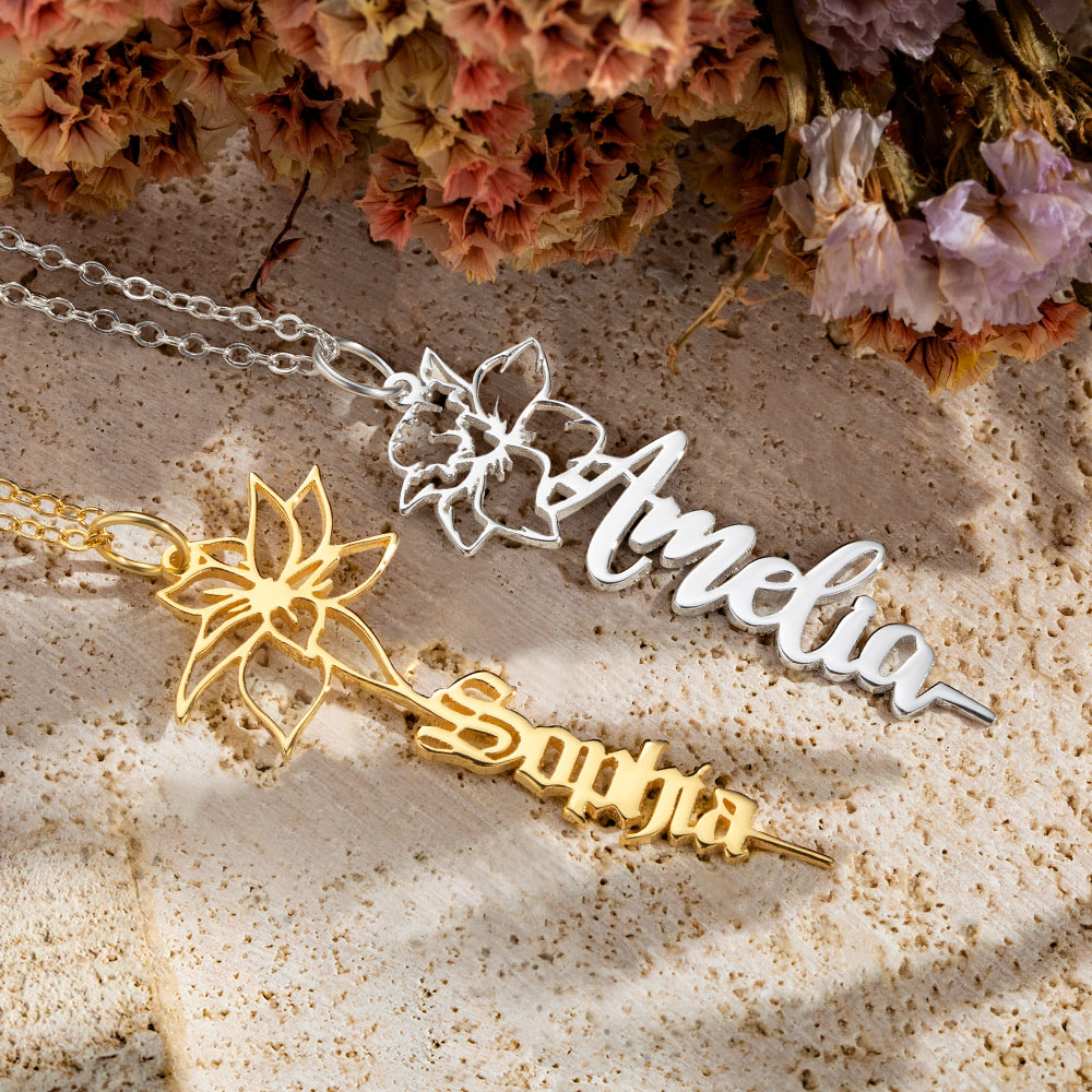 Dainty Floral Name Necklace with Birth Flower Stainless Steel
