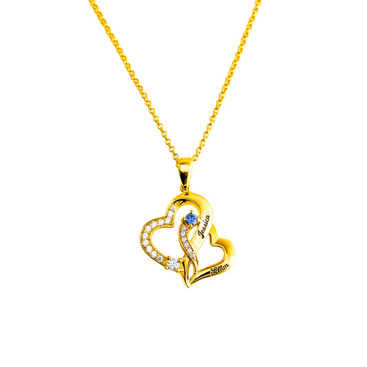 Personalized Double Heart Necklace with 2 Names & Birthstones Sterling