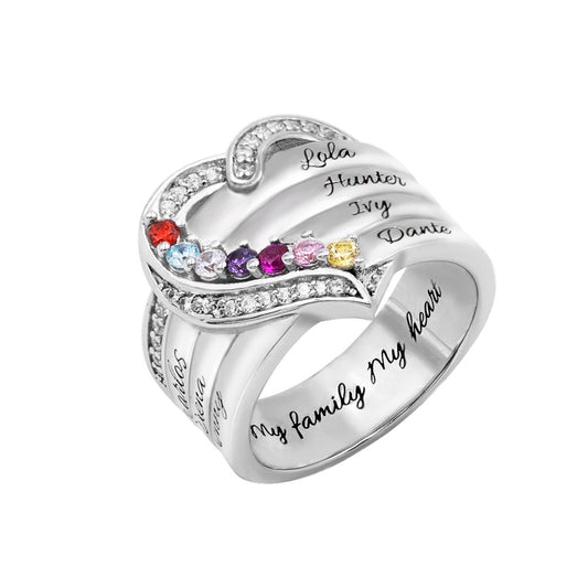 Personalized Heart 7 Birthstones Ring Family Ring Gift for Her