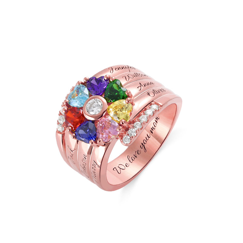 Personalized 7 Heart Birthstone Ring