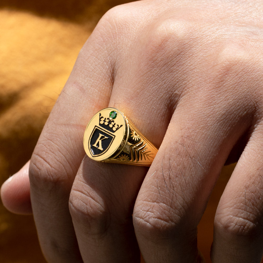 Personalized Initial and Birthstone Engraved Crown Signet Ring for men