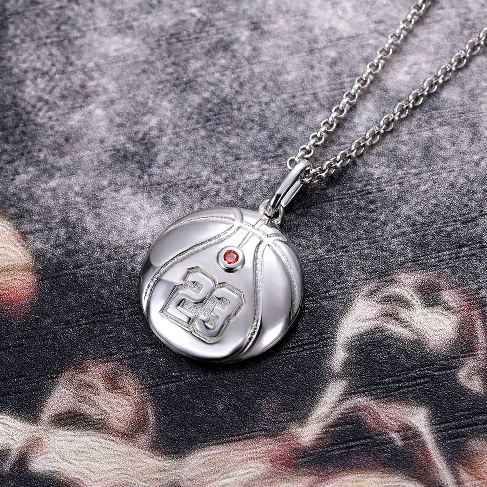 Engraved Basketball Necklace with Number And Birthstone