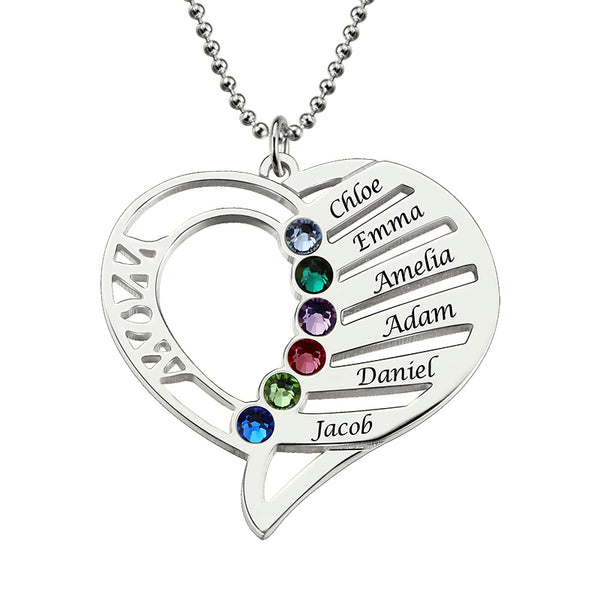 Engraved Heart Mother Birthstones Necklace Sterling Silver