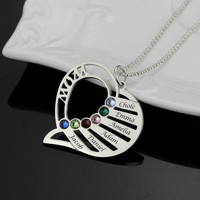 Engraved Heart Mother Birthstones Necklace Sterling Silver