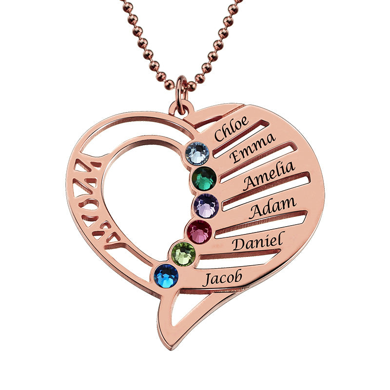 Engraved Heart Mother Birthstones Necklace Sterling Silver