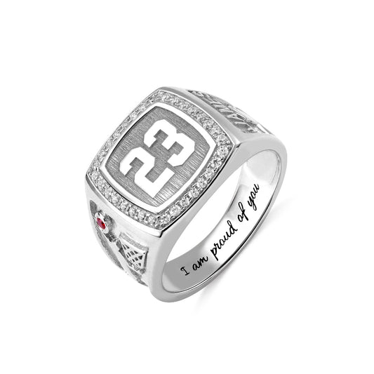 Engraved Basketball Signet Ring with Birthstone Sterling Silver