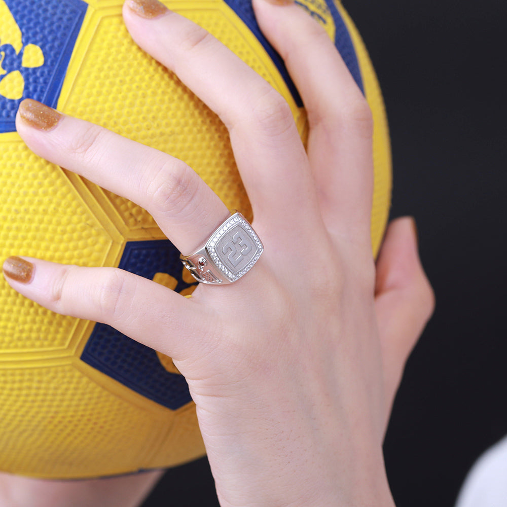 Engraved Basketball Signet Ring with Birthstone Sterling Silver