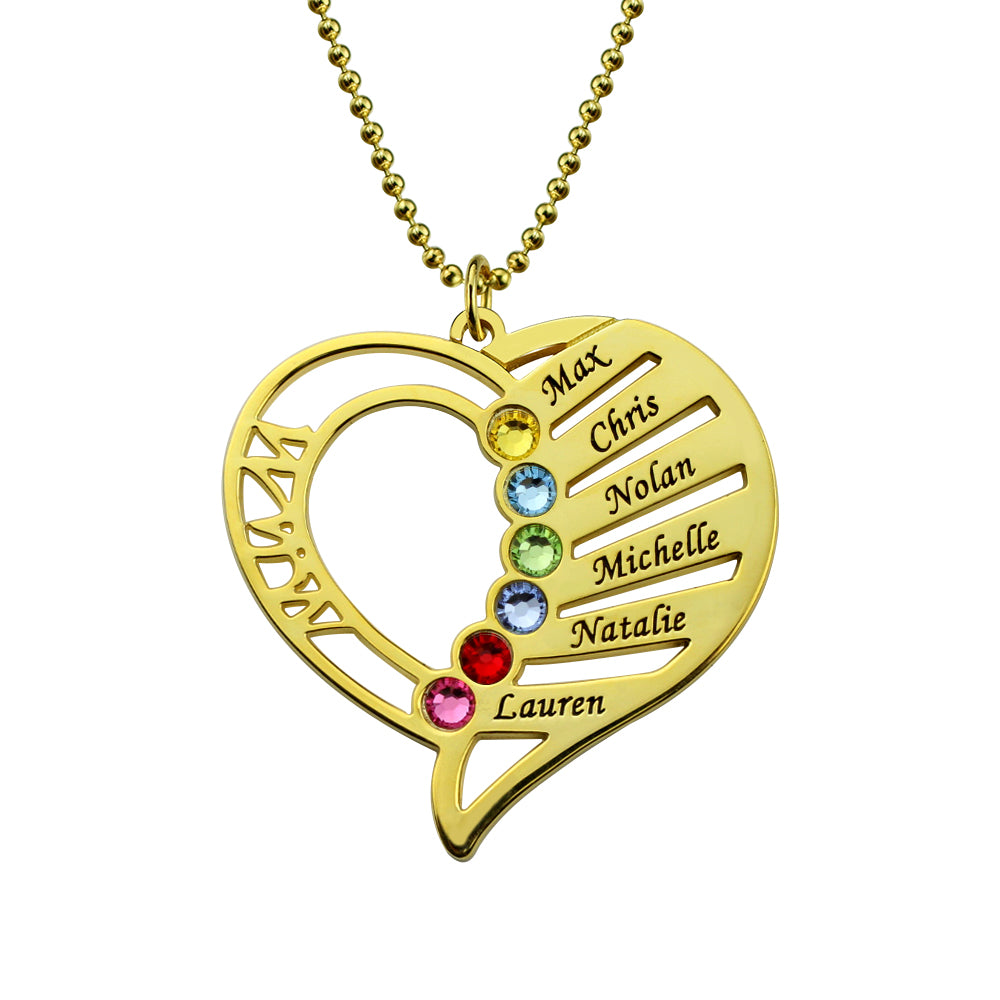 Engraved Heart Mother Birthstones Necklace Sterling Silver