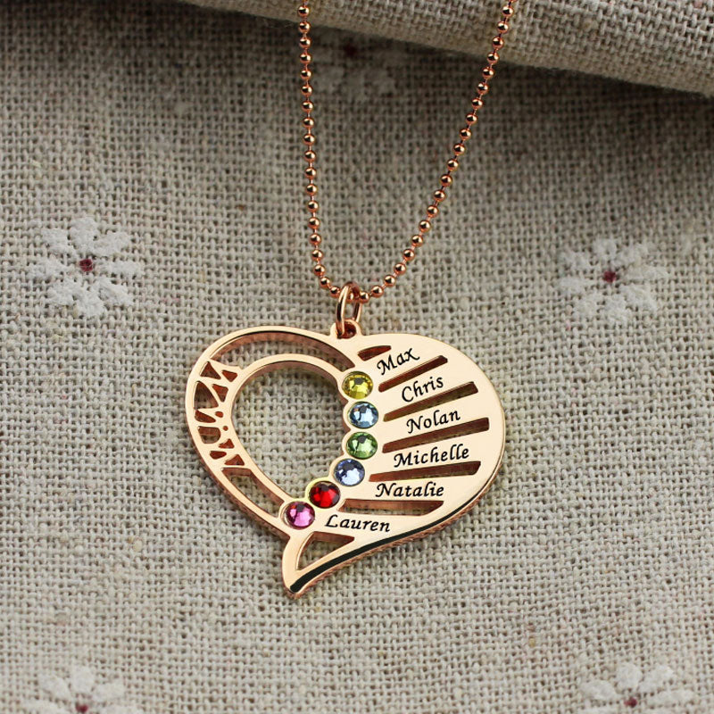 Engraved Heart Mother Birthstones Necklace Sterling Silver