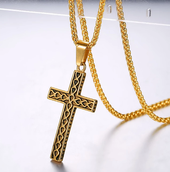 316L stainless steel gold plated christianity jewelry unique black mens vintage cross necklace with chain