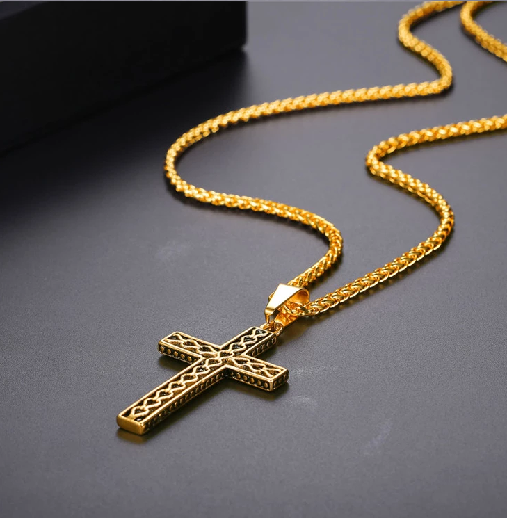 316L stainless steel gold plated christianity jewelry unique black mens vintage cross necklace with chain