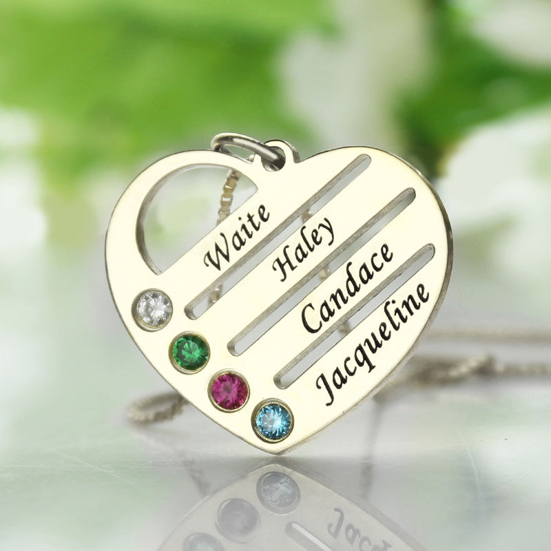 Personalized Mother's Heart Necklace with 4 Birthstones & Names