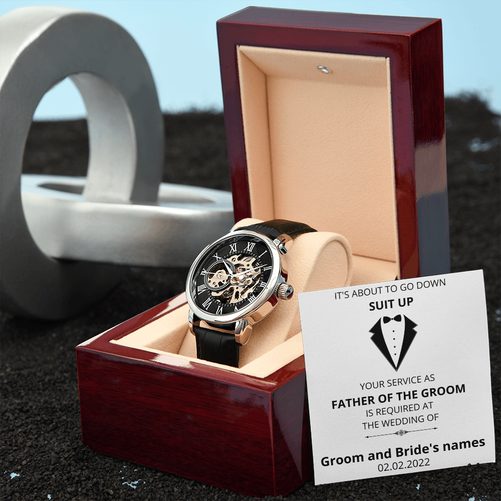 Wedding - Suit Up - Father of the Groom (Men's Openwork Watch) (Message Card Personalizer)
