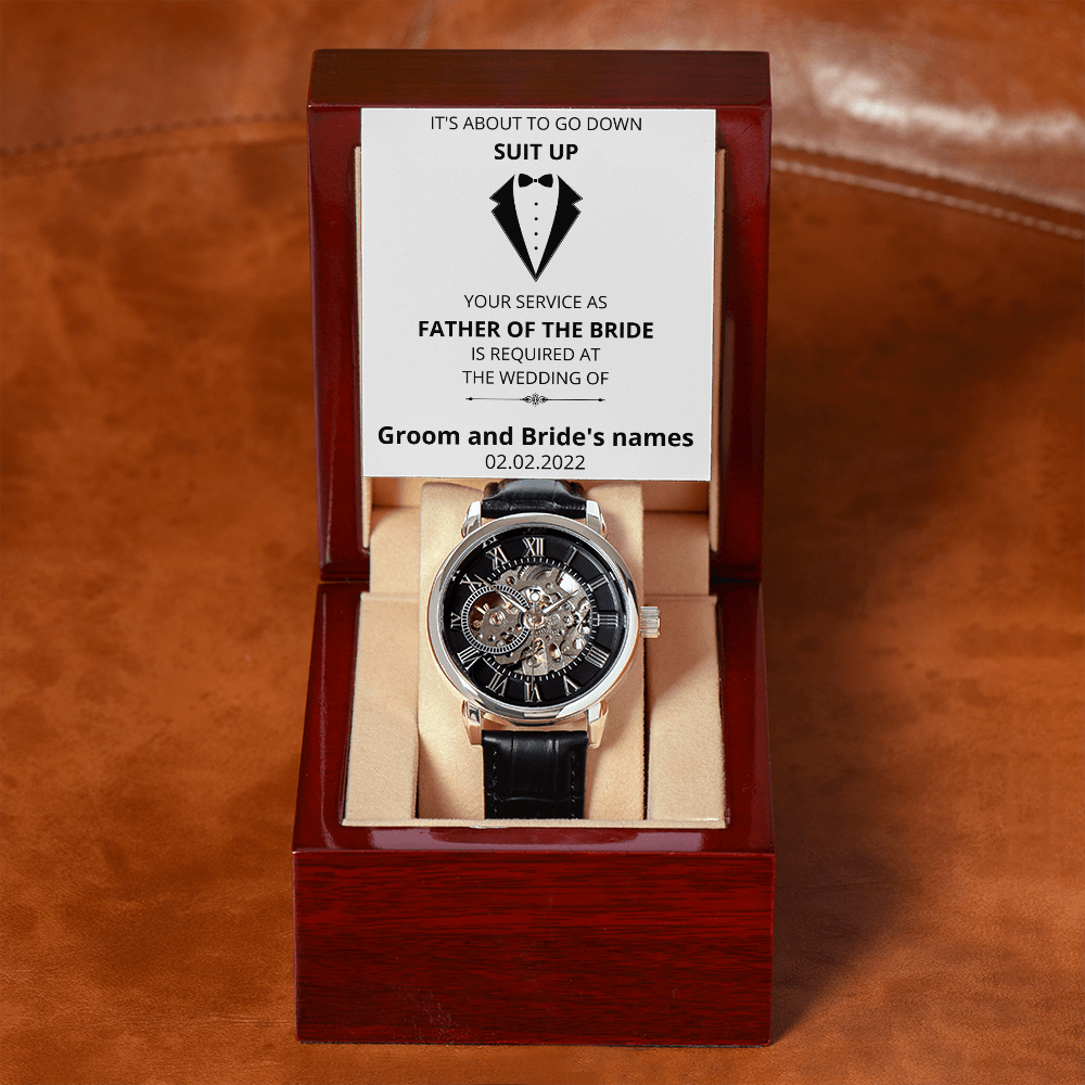 Wedding - Suit Up - Father of the Bride (Men's Openwork Watch) (Message Card Personalizer)