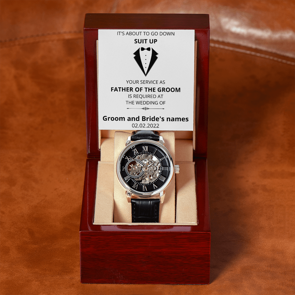 Wedding - Suit Up - Father of the Groom (Men's Openwork Watch) (Message Card Personalizer)