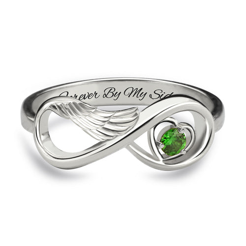 Angel Wing Infinity Heart Ring with Birthstone Platinum Plated